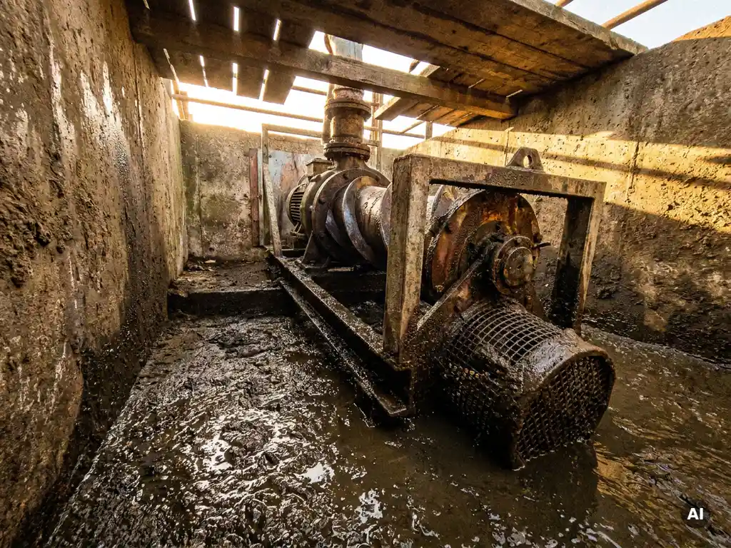 Exzenterschneckenpumpe im Betonschacht saugt dunkle Gülle trocken, verwitterter Stahl im goldenen Nachmittagslicht, Froschperspektive.