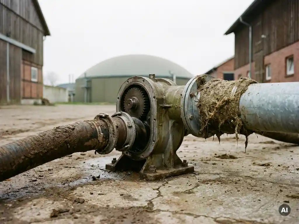 Exzenterschneckenpumpe auf Betonboden eines Biogasbetriebs, verbunden mit Gärresteleitung und Schlauch für Gülle.
