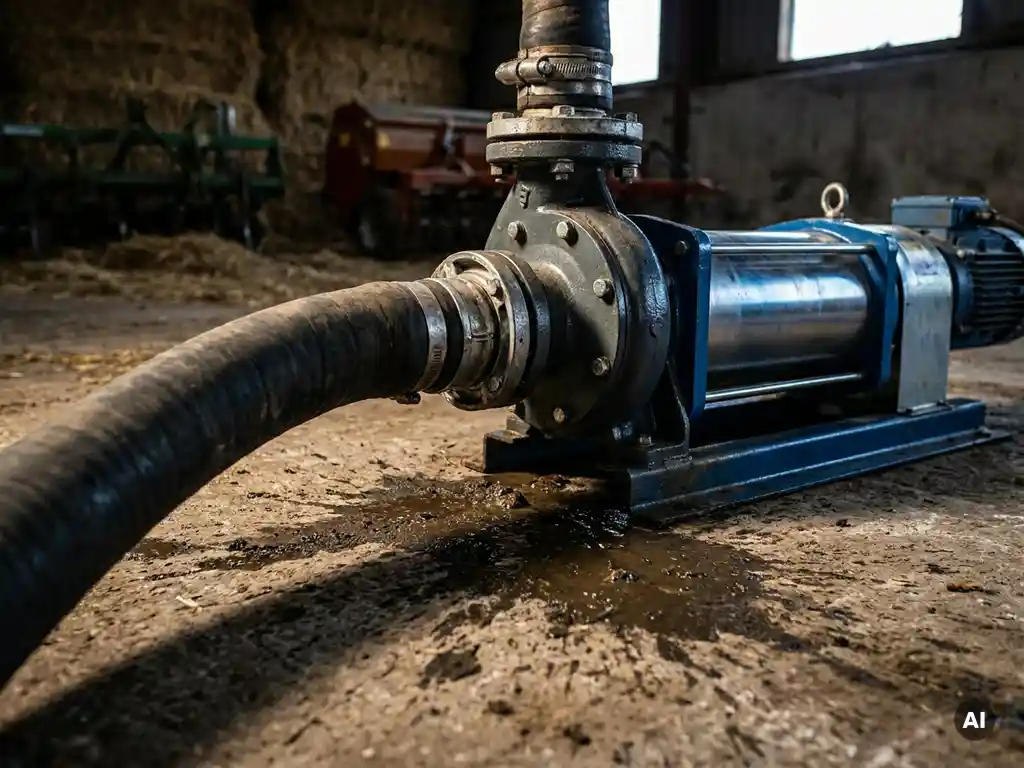 Exzenterschneckenpumpe auf Betonboden eines Agrarbetriebs, Stahlgehäuse mit angeschlossenem Gummischlauch, Gülle-Spuren am Boden.