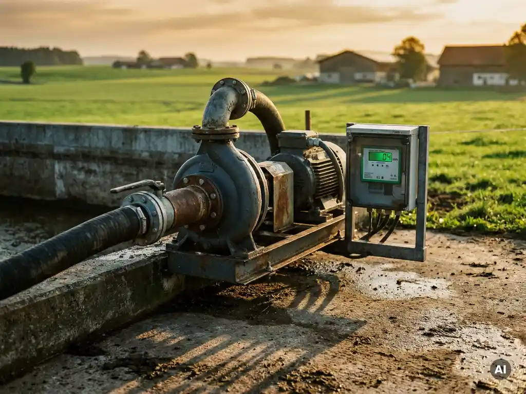 Landwirtschaftliche Saugpumpe am Güllegrubbenrand im Allgäu mit Energiezähler, goldenes Morgenlicht auf nassem Beton.
