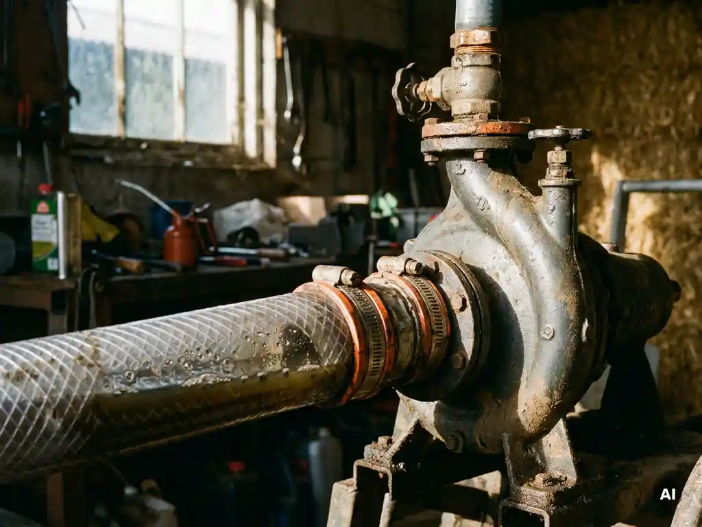 Luftblasen in einem transparenten Schlauchstück einer landwirtschaftlichen Güllepumpe mit verwittertem Metallgehäuse und Armaturen.