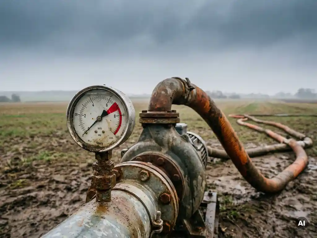 Güllekreiselpumpe auf schlammigem Feld mit langen Schläuchen, Manometer im Vordergrund, flaches Ackerland im Hintergrund.