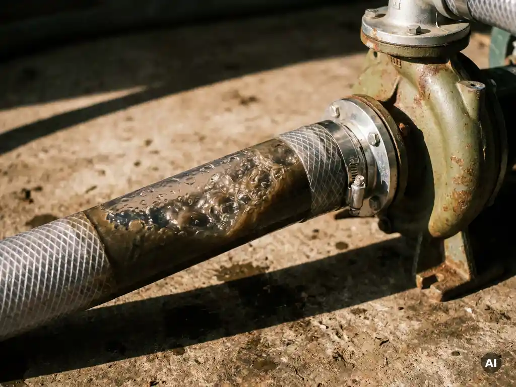 Luftblasen in transparentem Saugrohr einer landwirtschaftlichen Pumpe auf verwittertem Betonboden, Nahaufnahme mit dramatischer Seitenbeleuchtung.