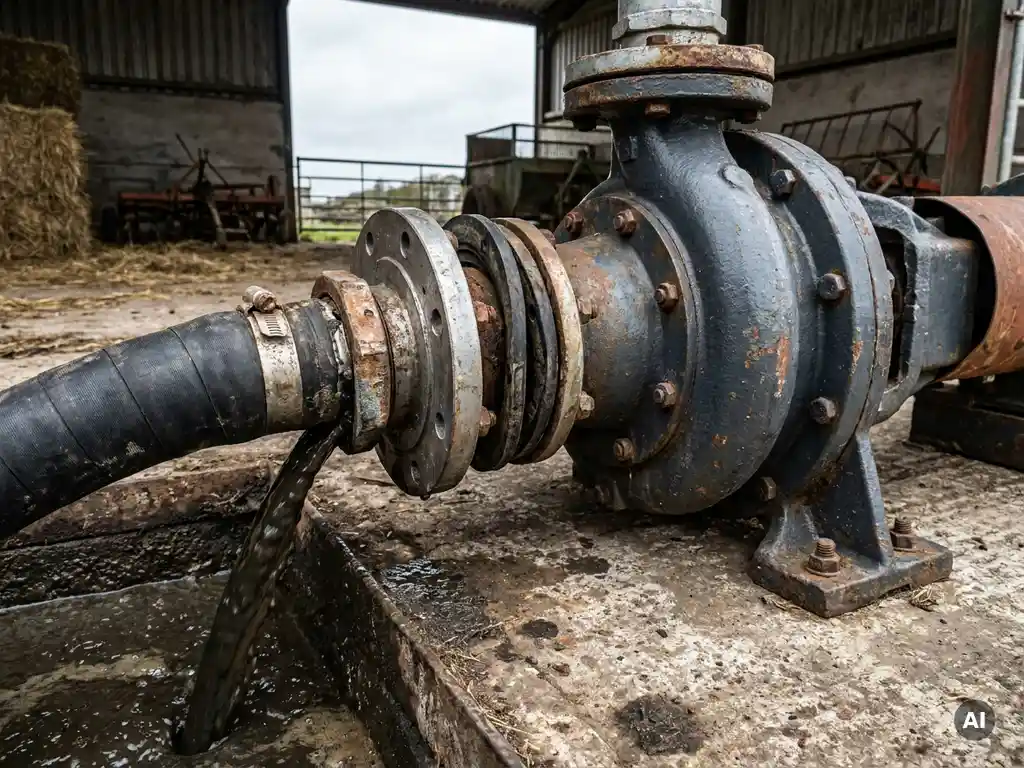 Exzenterschneckenpumpe auf Betonboden pumpt dunkle Gülle durch Schlauch, landwirtschaftlicher Einsatz mit verwitterten Metallarmaturen.