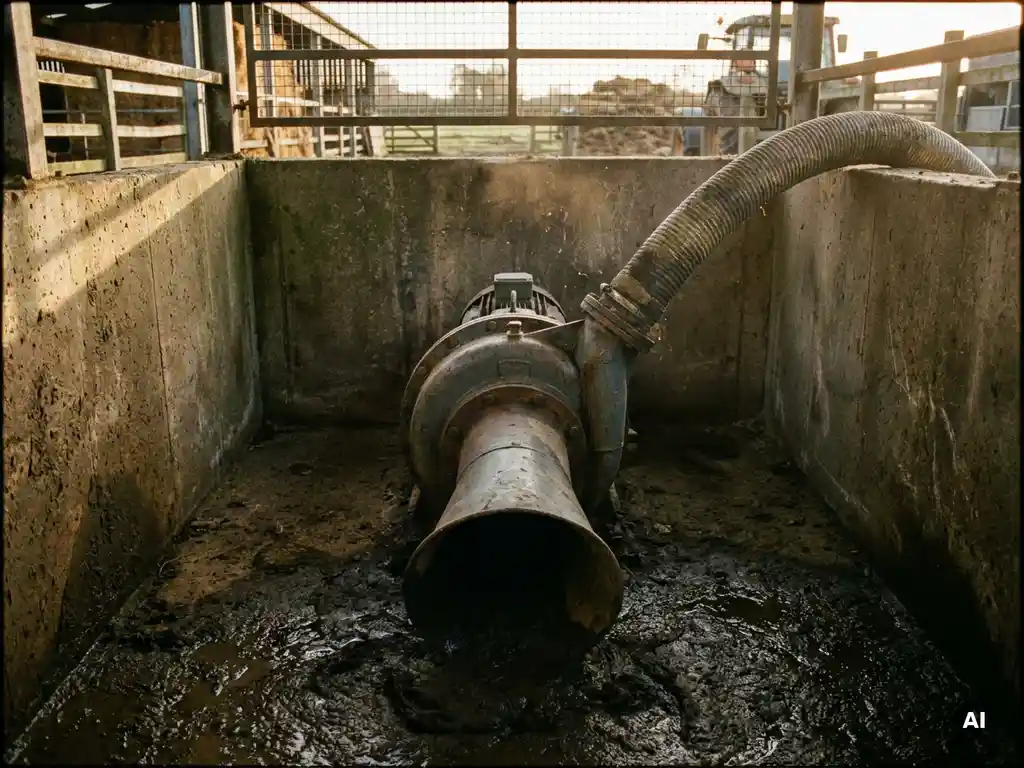 Exzenterschneckenpumpe in Betongrube saugt Gülle vom Boden auf, landwirtschaftliche Umgebung im Hintergrund.