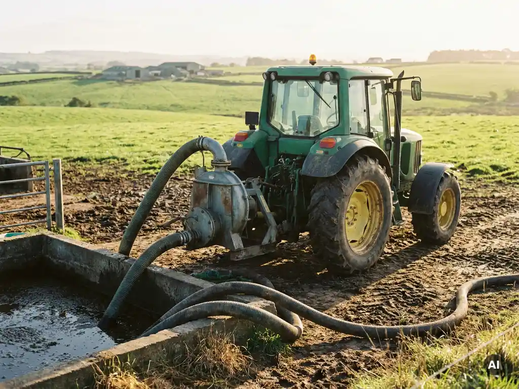 Güllepumpe auf grünem Traktor saugt Flüssigmist aus Betongrube, Allgäuer Weiden im Morgenlicht im Hintergrund.