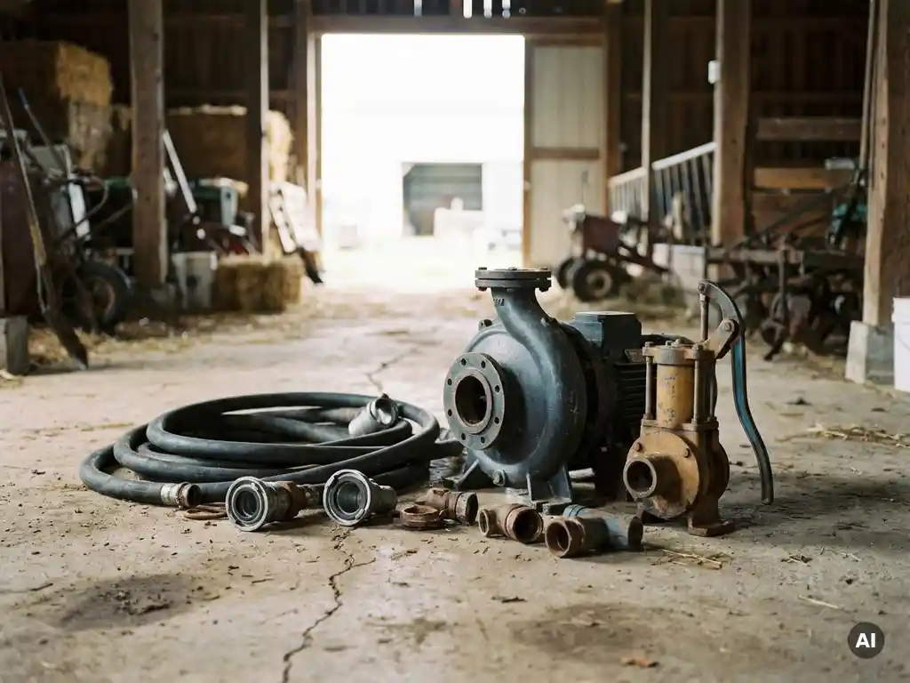 Industriesaugpumpe und Schlauchpumpe auf verwittertem Betonboden einer Scheune, umgeben von Gummischläuchen und Metallarmaturen.
