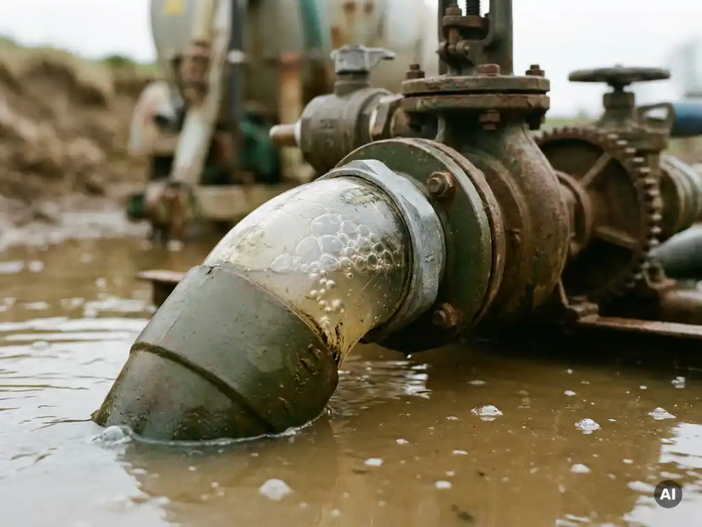 Verwittertes Saugrohr einer Agrarpumpe mit Luftblasen im trüben Wasser, Nahaufnahme mit flacher Schärfentiefe.