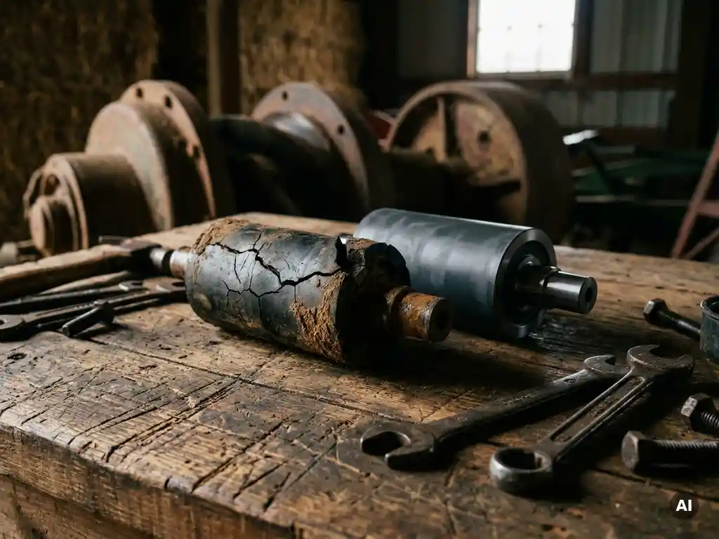 Verschlissener Gummirotor einer Exzenterschneckenpumpe neben Ersatzrotor auf Werkbank, landwirtschaftliche Maschinen im Hintergrund.
