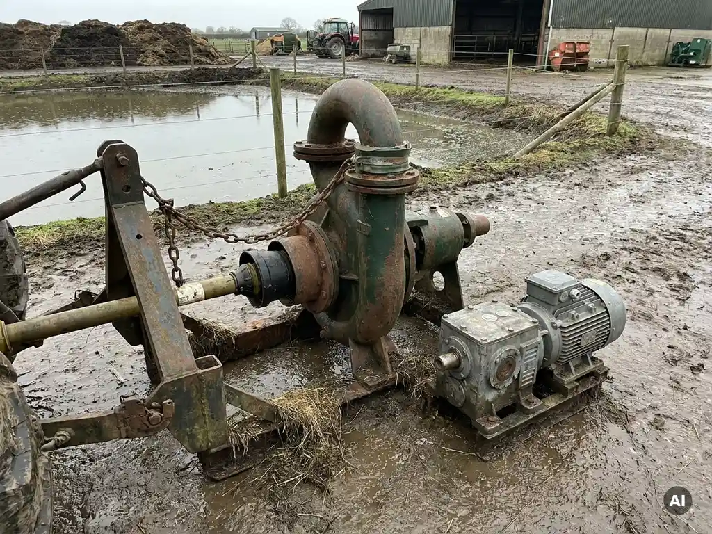 PTO-Saugpumpe und Getriebemotorpumpe am Traktor auf schlammigem Hof mit Güllelagune im Hintergrund.